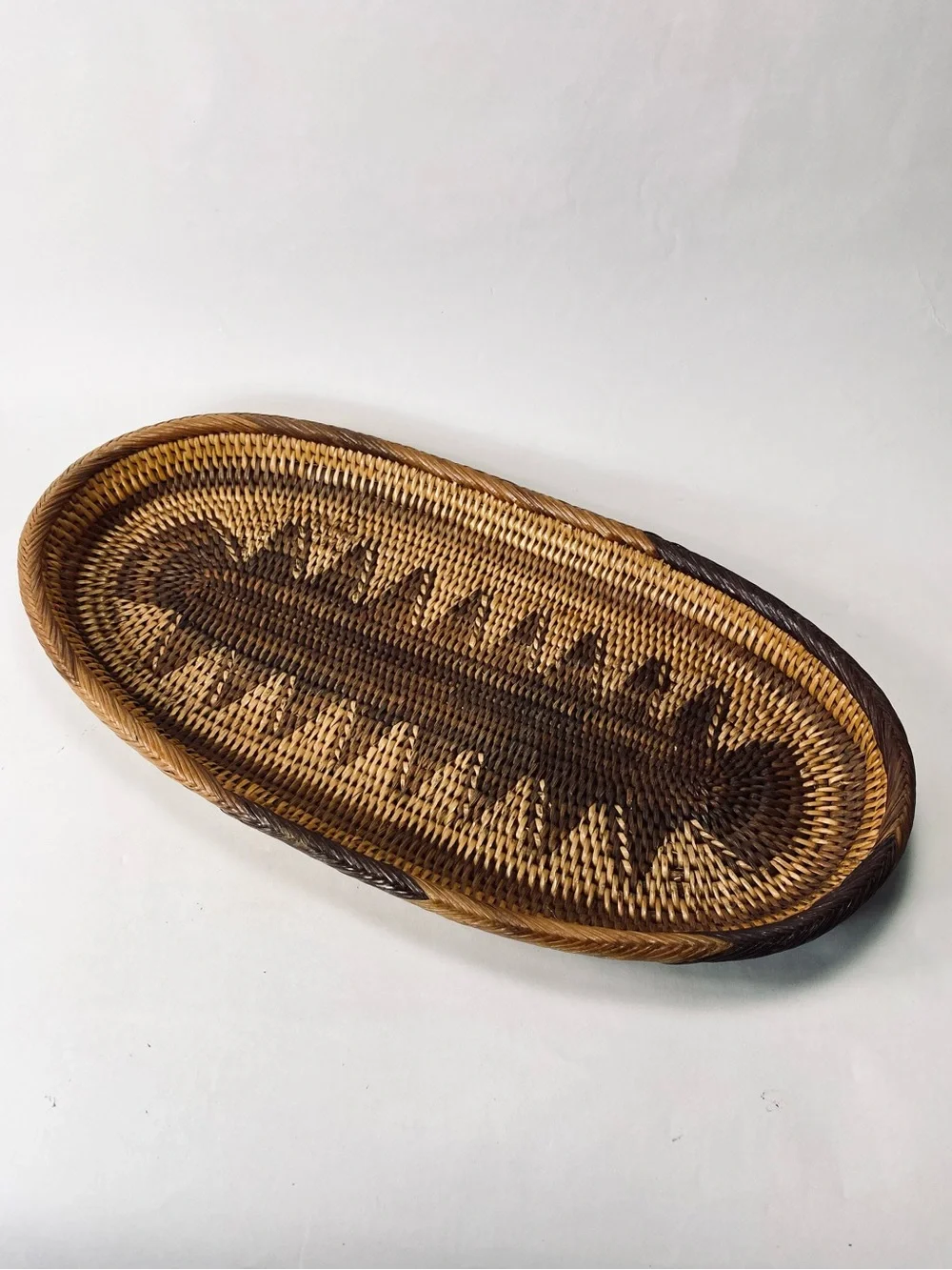 Artisan Two-Tone Hand-Woven Oval Oblong Geometric Pattern Rattan Basket Tray
